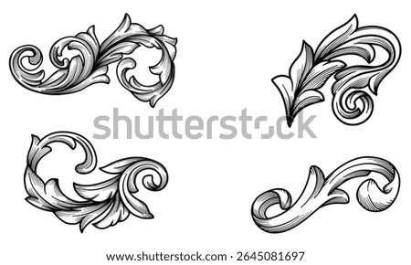 Set vintage arabesque border ornaments.  Hand drawn engraved baroque elements and decoration