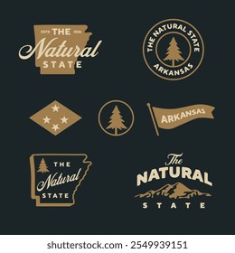 Set of vintage Arkansas travel logos. The Natural state. 