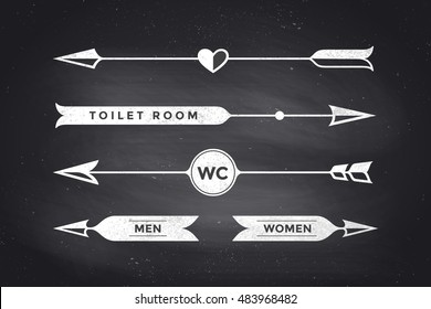 Set of vintage arrows and banners with text WC, Toilet room, Woman and Man. Design elements of set arrow for navigation. Retro style arrow on black chalkboard background. Vector Illustration