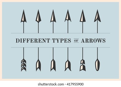 Set of vintage arrows. Design elements different types of arrows in retro style for navigation sign on color background. Vector Illustration