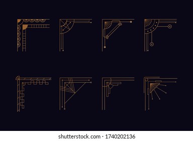 Set of vintage art deco corners in style of 1920s. Golden geometric template, artdeco corners for borders and frames. Vector illustration