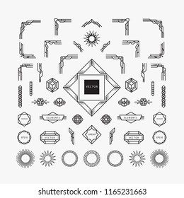 set of vintage  art deco linear thin line geometric shape retro design elements with frame corner badge