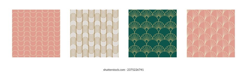 Set of Vintage Art Deco Seamless Pattern. Line art geometric gold shapes. Modern ornaments vector illustration. Gatsby retro elegant background for fabric, wallpaper or wrapping