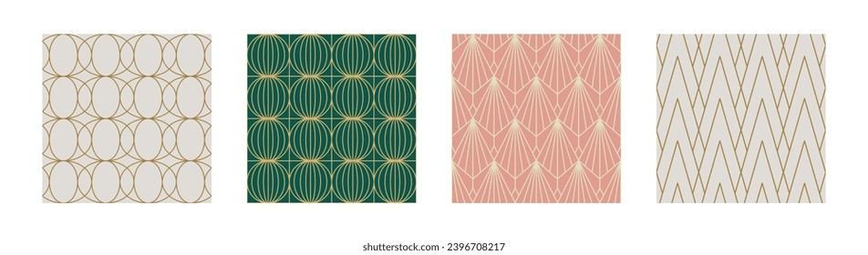 Set von Vintage Art Deco Nahtlose Muster. Geometrische Formen der Linienkunst in Gold. Moderne Ornamente, Vektorgrafik. Gatsby-Retro-eleganter Hintergrund für Stoff, Tapete oder Umhüllung