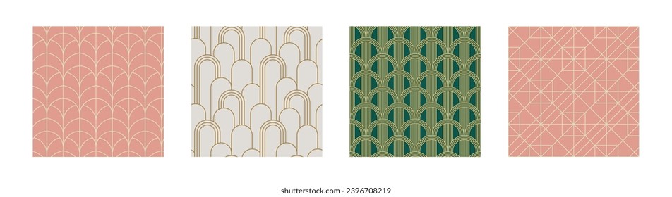 Set of Vintage Art Deco Seamless Pattern. Line art geometric gold shapes. Modern ornaments vector illustration. Gatsby retro elegant background for fabric, wallpaper or wrapping