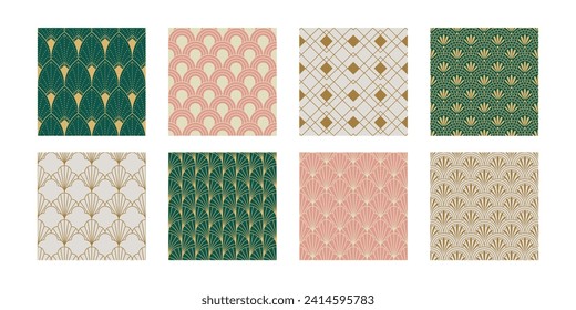 Set of Vintage Art Deco Seamless Pattern. Line art geometric gold shapes. Modern ornaments vector illustration. Gatsby retro elegant background for fabric, wallpaper or wrapping