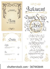 Set of vintage art nouveau styled restaurant menu design and font, lettering, decorative items.  