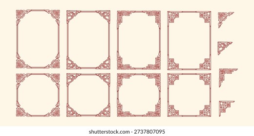 Set of vintage Asian frames and corner, Drawing traditional Chinese ornaments for your design, Asian elements oriental decorative