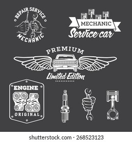 Set of vintage auto service labels and design elements