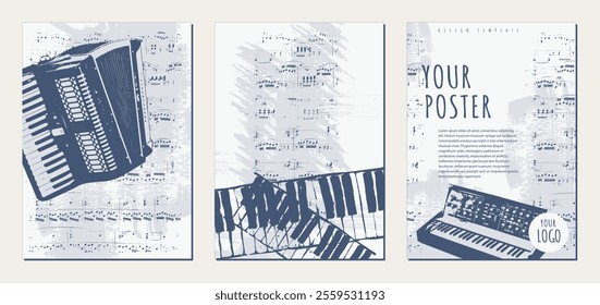 Set of vintage background templates with accordion
piano keys, synthesizer and sheet music. Musical texture backgrounds. Abstract brush strokes with paint texture. Vector. 