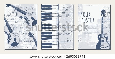 Set of vintage background templates featuring pianos, violins, and guitars on a musical theme. Musical textured backgrounds. Abstract brush strokes with paint texture. Vector.