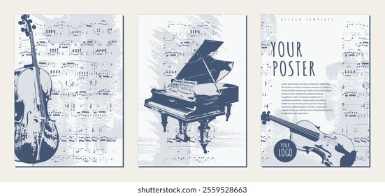 Set of vintage background templates with grand piano, violin, cello and sheet music. Musical texture backgrounds. Abstract brush strokes with paint texture.Vector.