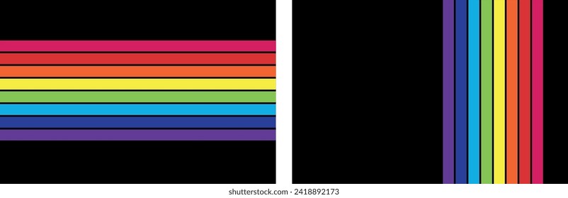 Set of vintage backgrounds in 80s style. Retro 80s color trend lines, black background, vector design.