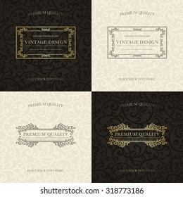 Set of vintage backgrounds. Golden frames on black pattern and gray frames on beige pattern for certificate, diploma, book cover, logo. Flourish design elements.