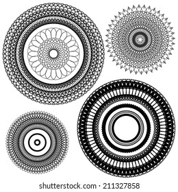 Set of Vintage backgrounds, Guilloche ornamental circle Elements for Certificate, Money, Diploma, Voucher, decorative round frames.