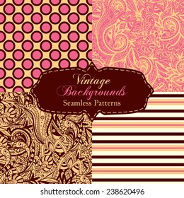 Set of vintage backgrounds (seamless pattern) with floral ornament,geometric ornaments stripes, bicycles in pink and brown colors