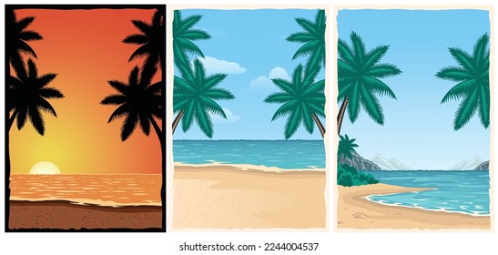 Set of vintage backgrounds with surfing beach and palms