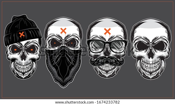 Set Vintage Badass Skulls Illustration Graffiti Stock Vector (Royalty ...