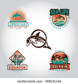 Set vintage badge with dolphin drawn by hand. Vector illustration, template graphic design fashion apparel print logos emblems labels for beach bars, restaurants, cafe, resort, rescue and sport team