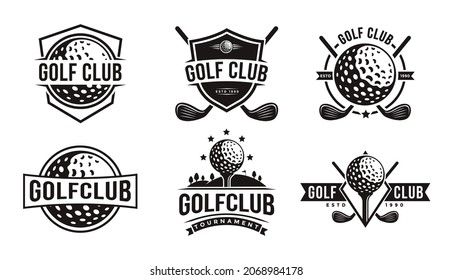 Set Of Vintage Badge Emblem Golf Club, Golf Tournament Logo, Crossed Golf Sticks And Golf Ball Logo Vector Icon On White Background