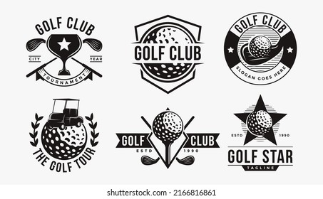 Set of vintage badge emblem Golf club, golf tournament logo, cart, golf ball, sticks vector icon on white background