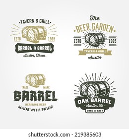Set of vintage badge, label, logo template designs with wooden barrels for beer house, bar, pub, brewing company, brewery, tavern, restaurant, winery, wine whiskey market 