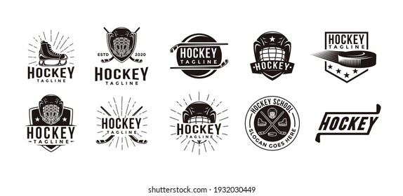 Set of vintage badge patch emblem Vintage seal badge hockey sport logo with hockey equipment vector icon on white background