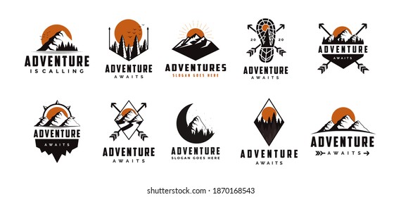 Set of vintage badge seal mountain adventure outdoor logo vector design on white background