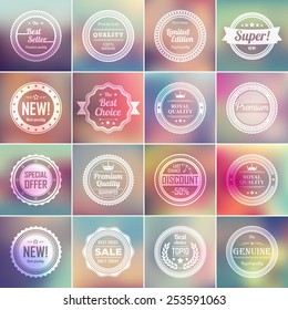 Set of vintage badges. 16 template creative labels with inscriptions. 16 abstract colorful blurred vector backgrounds.