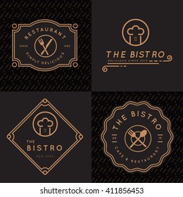 Set of vintage badges, banner, labels and logos for food restaurant, foods shop and catering in linear design. Vector illustration.