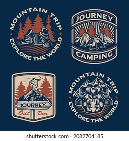 Set of vintage badges for the camping theme on the black background. Perfect for posters, apparel, T-shirt design, and many other uses. 