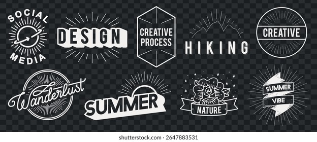 Conjunto de distintivos vintage com palavras como 'mídia social', 'design', 'criativo', 'caminhadas', 'wanderlust', 'verão', 'natureza' e 'vibração de verão'. Conjunto de vetores do elemento de logotipo.
