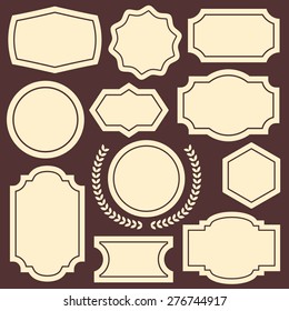 Set of vintage badges, frames, labels, insignias and emblems. Retro concept graphic design. Vector illustration isolated on brown background