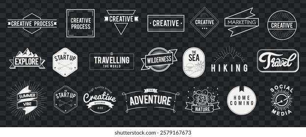 Set of vintage badges and labels featuring themes like creative, startup, travel, adventure, and social media. Retro style with various shapes and designs. Logo element vector set.