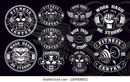 Set of vintage badges, logos, shirt designs for gym. Layered, text is on the separate group, and easy removable.