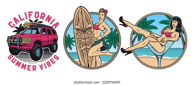 Set of vintage badges with pin up surfing girl, pin up girl in wineglass and SUV car on beach