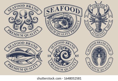 Set of vintage badges for seafood theme.Perfect for logos, emblems, labels and many other uses. Text is on the separate group.