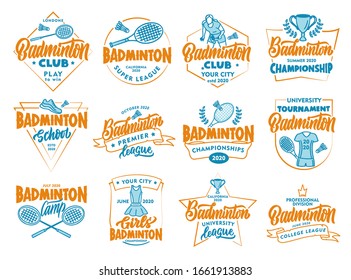 Set of vintage Badminton emblems and stamps. Colorful badges, stickers on white background isolated. Collection of retro logos with hand-drawn text, phrases. Vector illustration