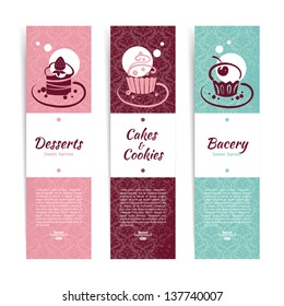 Set of vintage bakery banners with cupcakes. Menu for restaurant and cafe	