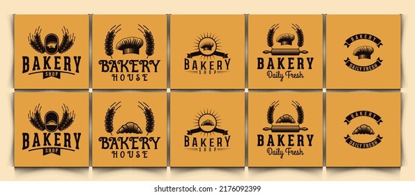set vintage bakery logo, croissants and chef hat. vector illustration