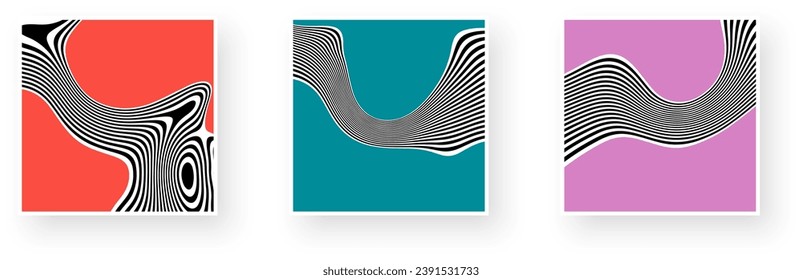 Set of vintage banner designs with wavy contrast stripes and optical interference effect. Illusion of movement for poster, flier, invitation, cover, placard. Vector illustration