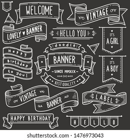 Set of vintage banner and ribbon related objects and elements. Hand drawn vector doodle illustration collection in Blackboard chalk style.