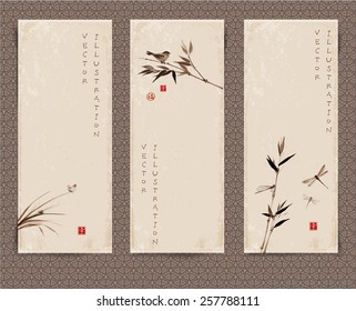 Set of vintage banners with bird on bamboo tree, dragonfllies, leaves of grass and butterfly hand-drawn in traditional Japanese style sumi-e. Sealed with hieroglyphs "luck' and "happiness"