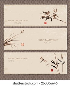 Set of vintage banners hand-drawn in traditional Japanese style sumi-e. Vector illustration. Sealed with hieroglyphs "luck' and "happiness"