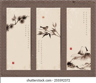 Set of vintage banners with pine tree, bird on bamboo tree and Fuji mountain hand-drawn in traditional Japanese style sumi-e. Vector illustration. Sealed with hieroglyphs "luck' and "happiness"