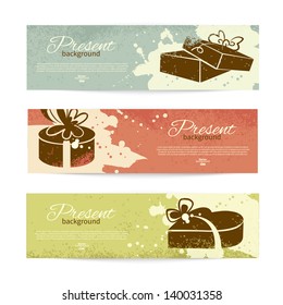 Set of vintage banners with present background with gift box. Vector illustration with splash design