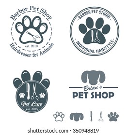 Set of vintage barber pet shop logo, labels, badges. Hair salon for animals.  Animal care 