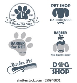 Set of vintage barber pet shop logo, labels, badges. Hair salon for animals.  Animal care 