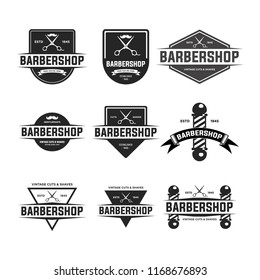 Set of vintage barber shop badges and emblems . EPS 10