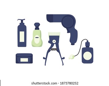 Set of vintage barber shop badges and designed elements, flat vector illustration isolated on white background. Barber or hairdresser professional tools bundle.